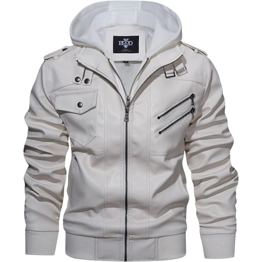 🆕 Hood Crew PU Faux Leather Zipper Jacket Men White Stand Collar Bomber Hood